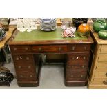 Victorian Mahogany Twin Pedestal Writing Desk, the green leather inset top with Three Drawers,