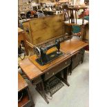 Vintage Treadle Singer Sewing Machine set in an Oak Worktable with Hinged Lid