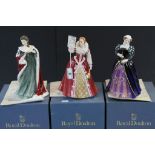 Three boxed Royal Doulton Limited Edition figurines to include; Queen Anne HN3141, Queen Elizabeth I