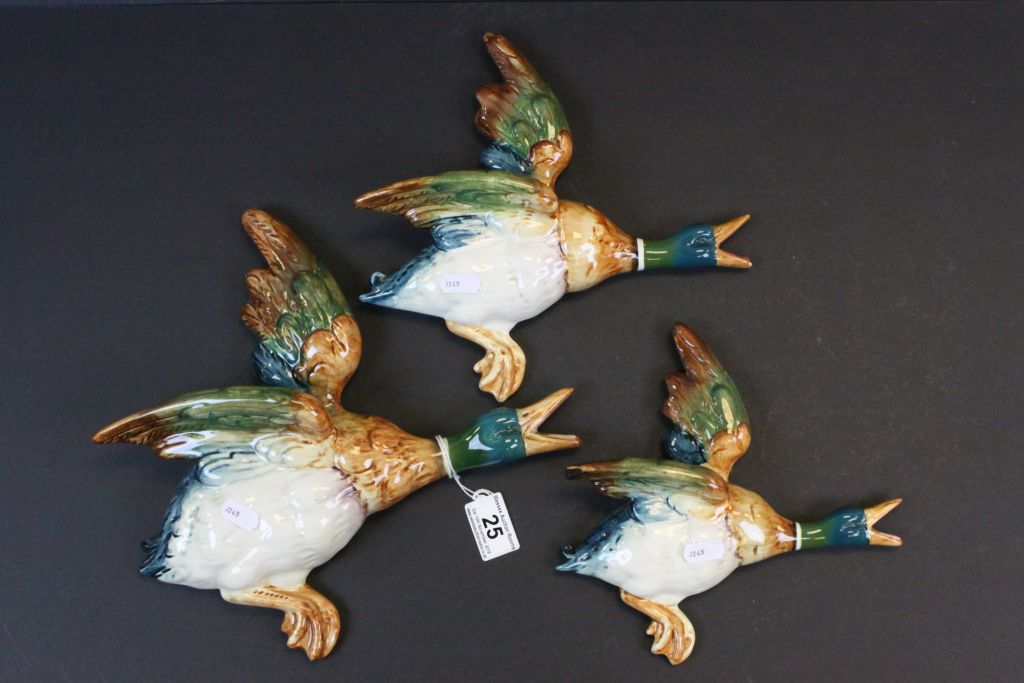 Graduating set of three Beswick ceramic wall plaques in the form of flying Ducks, numbers 596'0