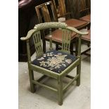 19th century Painted Oak Corner Chair with Carved Back Rail and Drop-in Seat