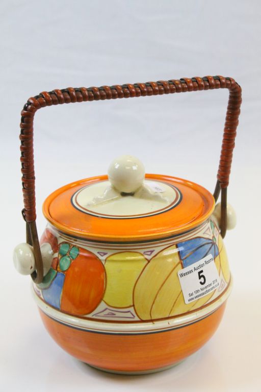 Clarice Cliff Bizarre ceramic Biscuit Barrel with swing handle in Fantastique pattern