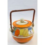 Clarice Cliff Bizarre ceramic Biscuit Barrel with swing handle in Fantastique pattern