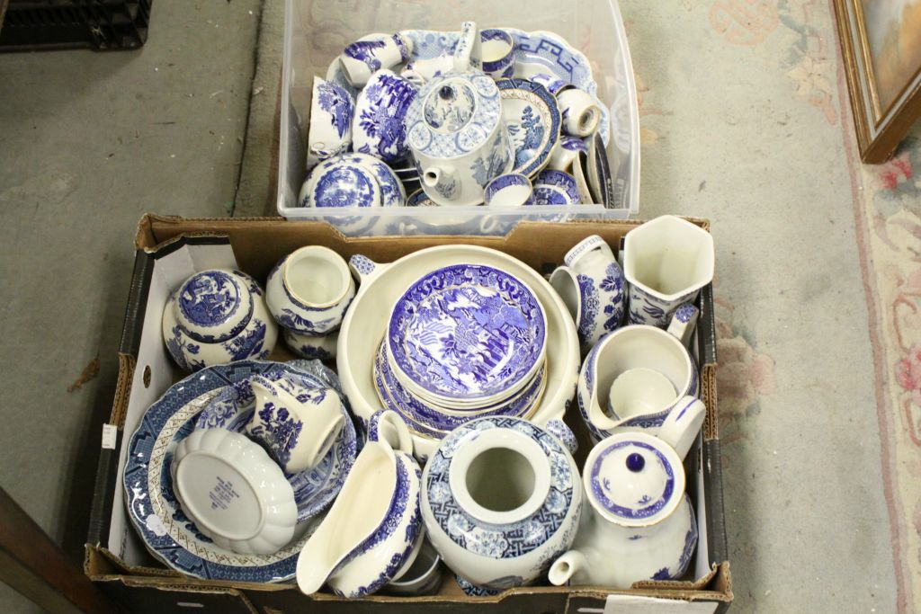 two boxes of vintage blue & white ceramics to include Royal Worcester, Wade & Ironstone