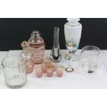 Collection of vintage Glassware to include a Decanter & six glasses, over painted Milk glass Vase,