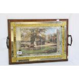 Vintage Mirrored wooden tray with Hunting scene to centre