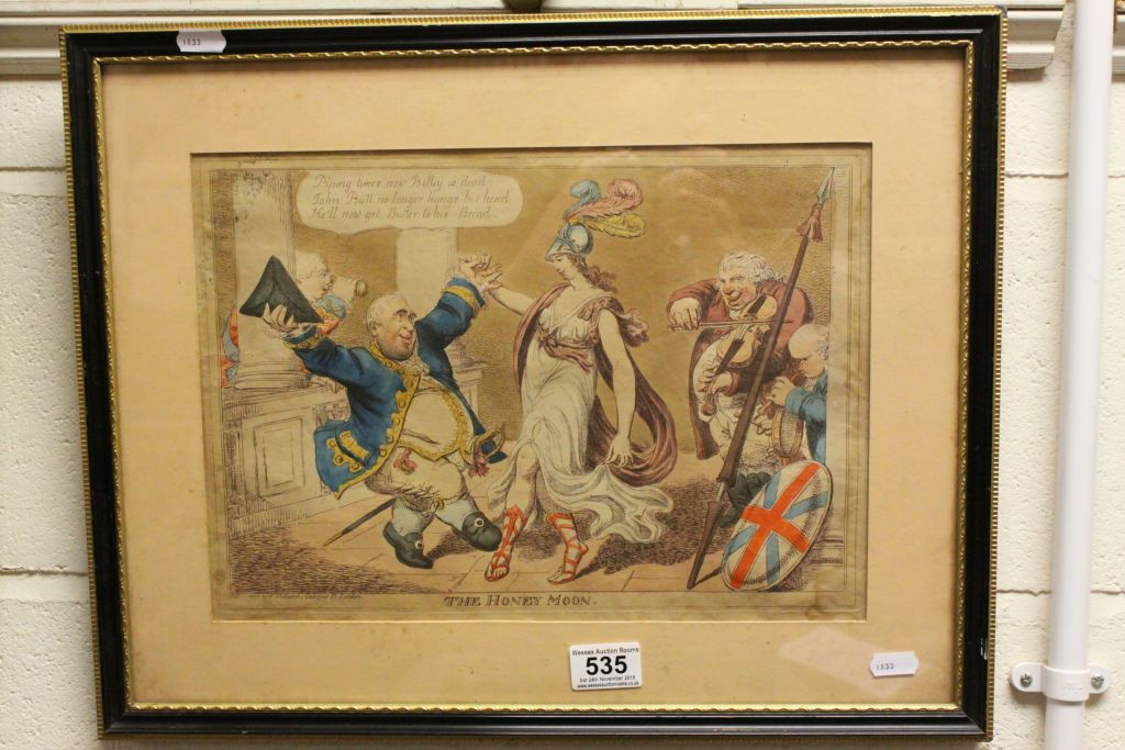 Framed & glazed early 19th Century humorous Political Engraving "The Honey Moon"