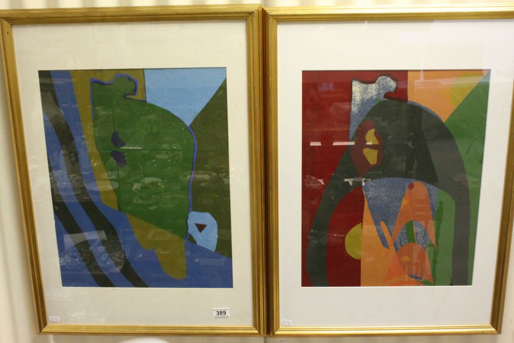 20th century Pair of Framed Lithographs Abstract Design, one signed to verso