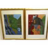 20th century Pair of Framed Lithographs Abstract Design, one signed to verso