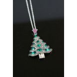 Silver Enamel and Marcasite Xmas Tree Pendant Necklace with Ruby Bale