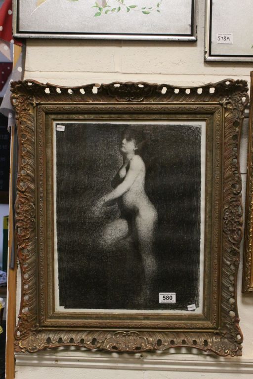 Black and White Lithographic Print of a Female Nude contained in a Swept Pierced Gilt Frame G.