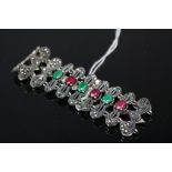 Silver Marcasite Bracelet set with Ruby and Emerald Panels