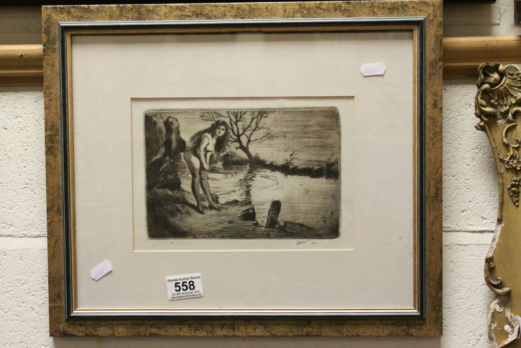 Framed & glazed Engraving of a Girl pulling up stockings by a Pool