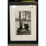 Framed Pop Art Monochrome Print of a Lambretta Scooter in a Paris View