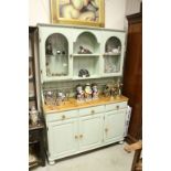 Pine Part Painted Dresser with Two Glazed Doors above Three Drawers and Three Cupboards, 196cms high