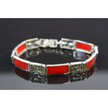 Silver Marcasite and Coral Art Deco Style Bracelet