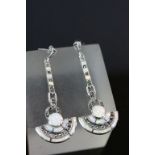 Pair of Silver Art Deco Style Drop Earrings set with Marcasite and Opals