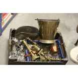 Collection of Metalware including an Antique Brass Bucket, Four Bottle Condiment Set on Silver
