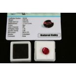 Loose ruby, oval mixed cut, accompanying certificate stating weight as 6.00 carats, measuring 11 x 9