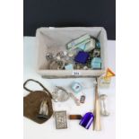 Various items to include perfume bottle with orange glass stopper, beaded evening bag, match box