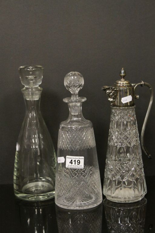 Silver plate & glass Claret jug & two Decanters