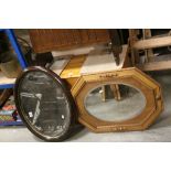 1930's / 40's Oak Framed Bevelled Edge Mirror together with Oval Bevelled Edge Mirror