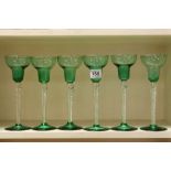 Set of Six Green Glass Tall Wine Glasses with Clear Spiral Twist Stems
