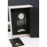 Swarovski crystal clock with stand, height approximately 9.5cm, boxed with cardboard dust cover