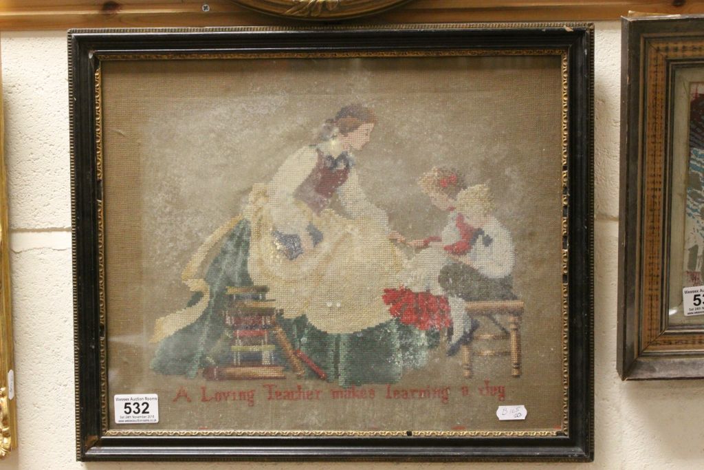 Hogarth Framed Needlepoint of a Lady with Children inscribed ' A Loving Teacher makes learning a joy