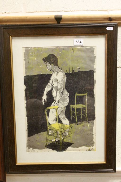 20th century Lithograph Portrait of Nude Female holding Wooden Chair