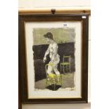 20th century Lithograph Portrait of Nude Female holding Wooden Chair