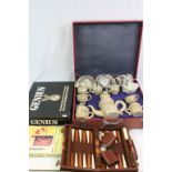 Cased Middle Eastern carved Stone Coffee set plus boxed Mah Jong, Genius & Backgammon games