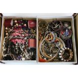 Two boxes of costume jewellery to include necklaces, clip on earrings to include rose quartz,