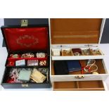 Two jewellery boxes containing costume jewellery to include vintage drop earrings, bead necklaces