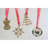 Four Gold Tone Georg Jensen Christmas Decorations with Ribbons