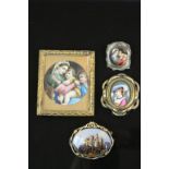 Victorian handpainted brooch on mother-of-pearl depicting castle scene, yellow metal surround with