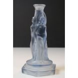 Art Deco Frosted Blue Glass Candlestick in the form of Three Naked Ladies, 23cms high