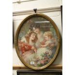 19th century Oval Chromolithograph Portrait with Mother and Children in Gilt Frame
