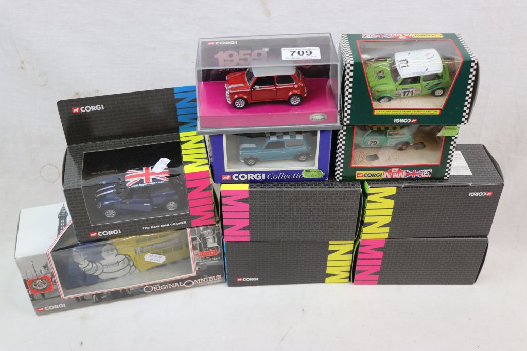 Collection of 10 boxed Corgi diecast Mini vehicles to include 1:36 The New Mini One CC86509, 4x