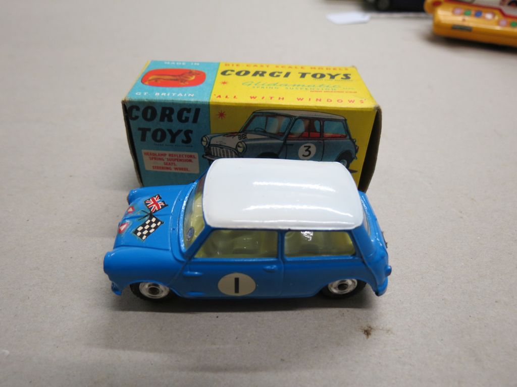 Boxed Corgi 227 Morris Mini Cooper Competition Model in blue, race number 1, decals gd with