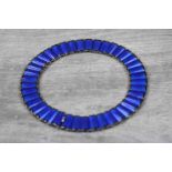 Einar Modahl: Norwegian enamelled silver panel necklace, each curved flared panel with blue basse-