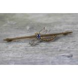 Edwardian sapphire and diamond 15ct yellow gold platinum set dragonfly bar brooch, the small round