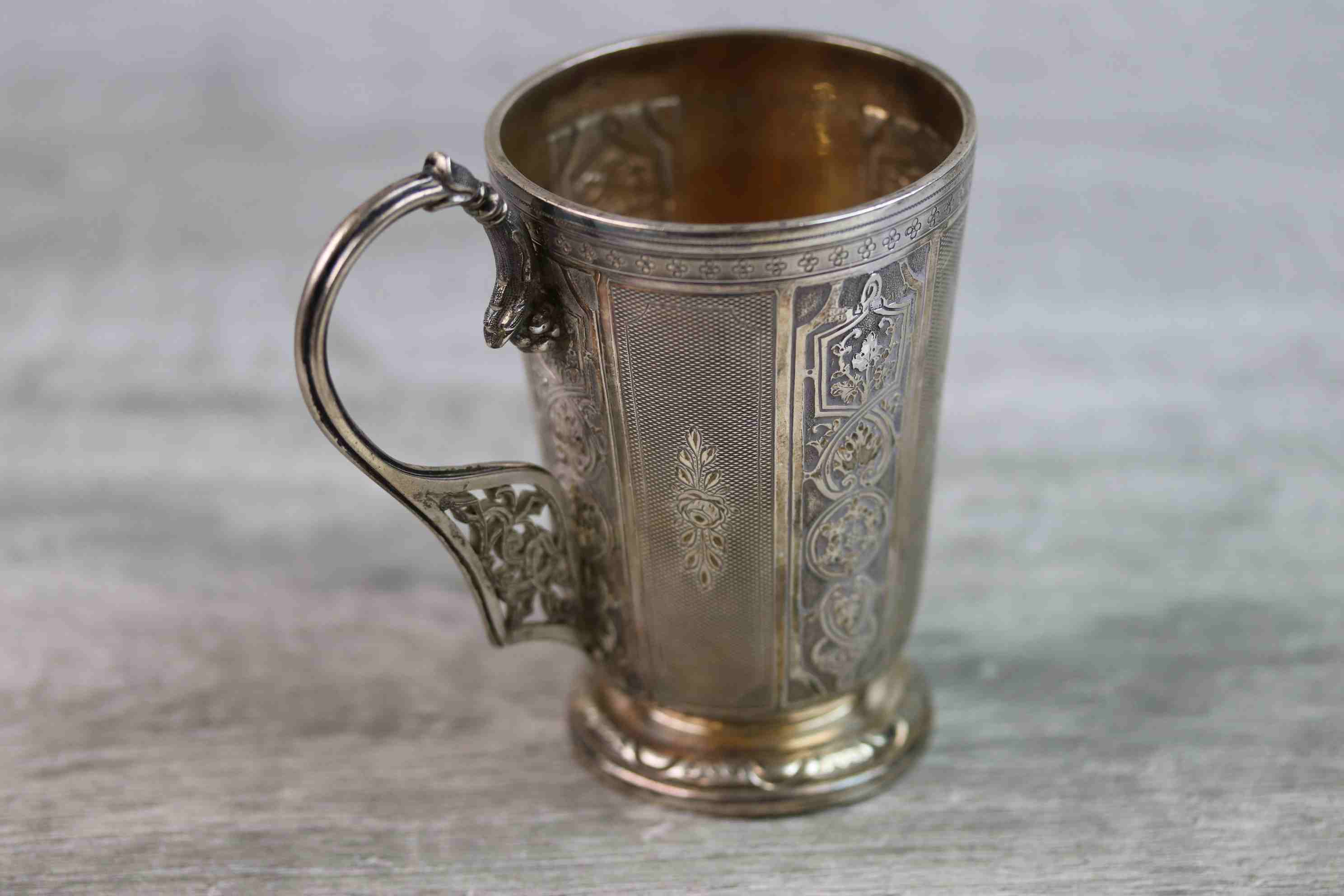 Victorian silver footed mug with sectional repousse scroll and stylised foliate decoration to - Image 6 of 13