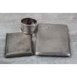 George VI silver cigarette case with engine turned decoration, initialled cartouche, gilt interior