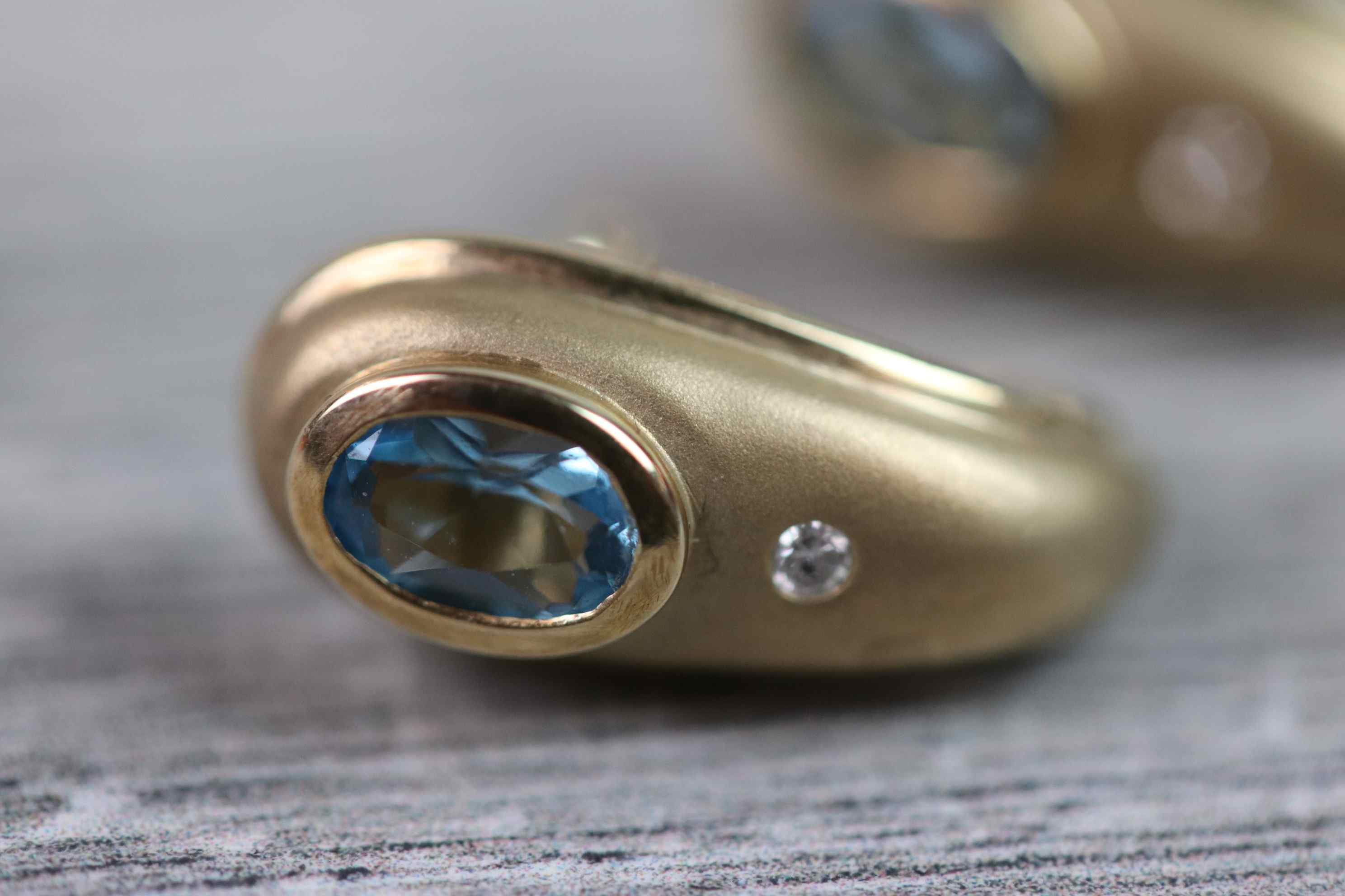 Pair of blue topaz and diamond 9ct yellow gold earrings of tapered teardrop shaped form, the oval - Image 3 of 7