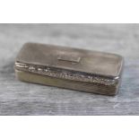 George IV silver snuff box of elongated rectangular form, blank cartouche to hinged lid, rubbed
