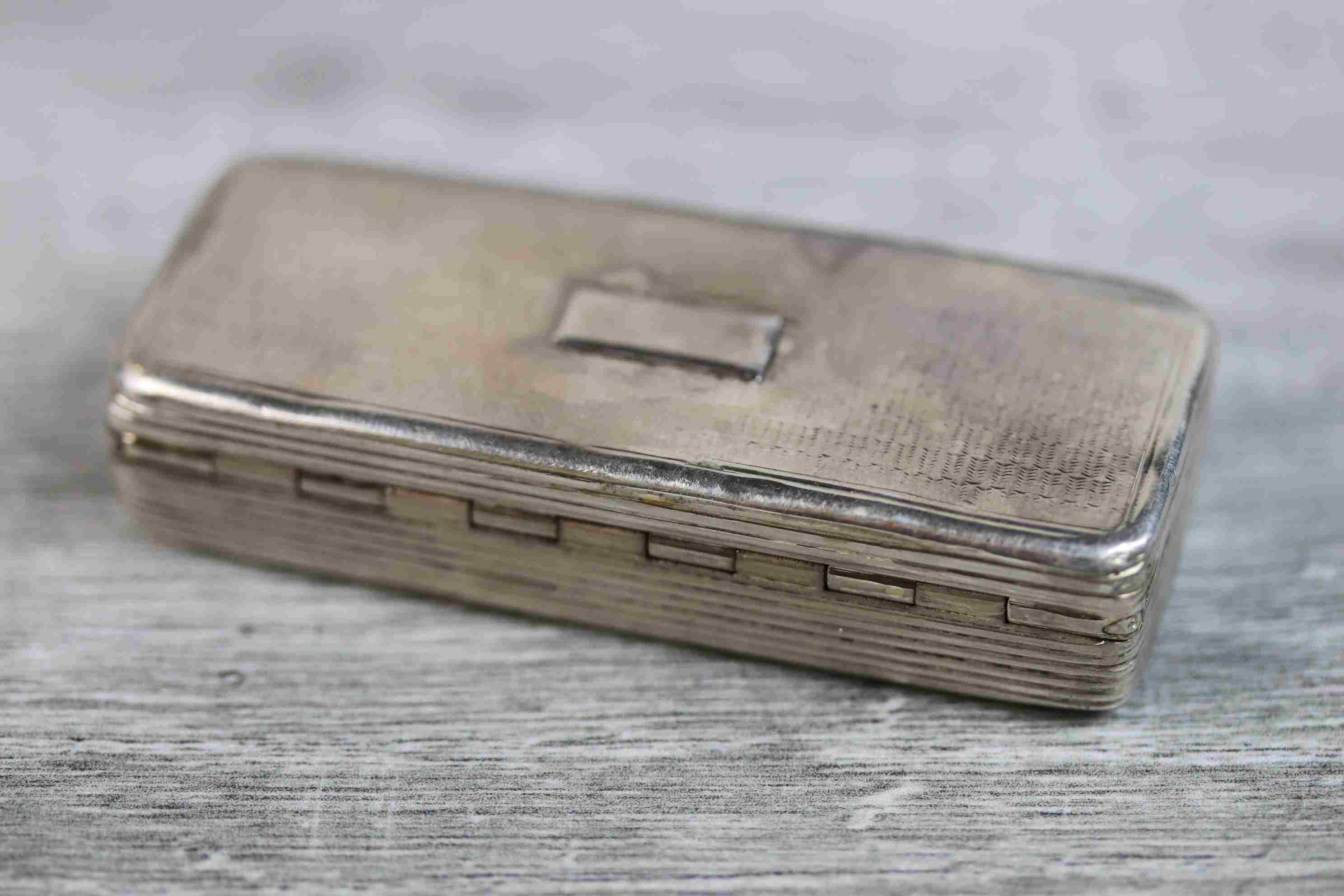 George IV silver snuff box of elongated rectangular form, blank cartouche to hinged lid, rubbed - Image 7 of 7