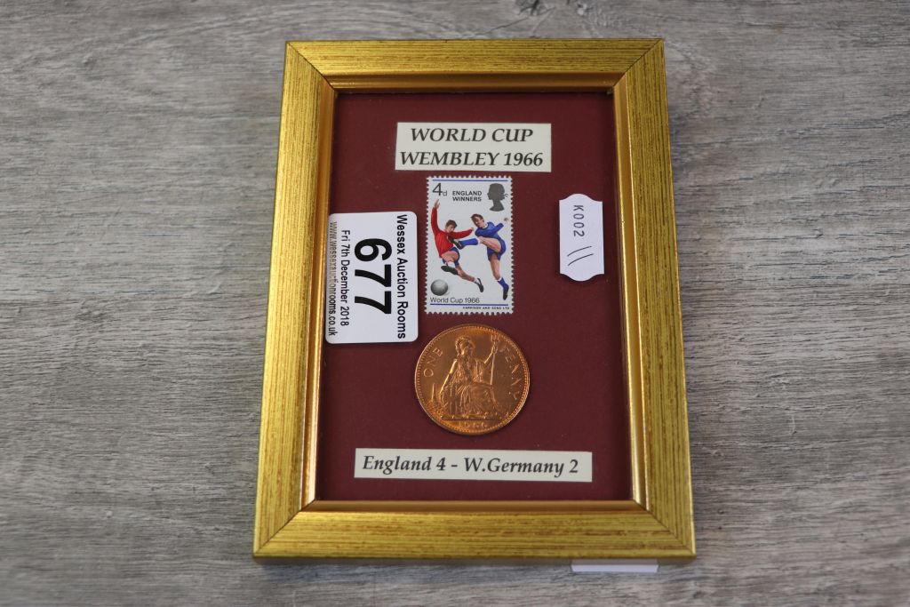 World Cup 1966 framed & glazed stamp & coin, with certificate