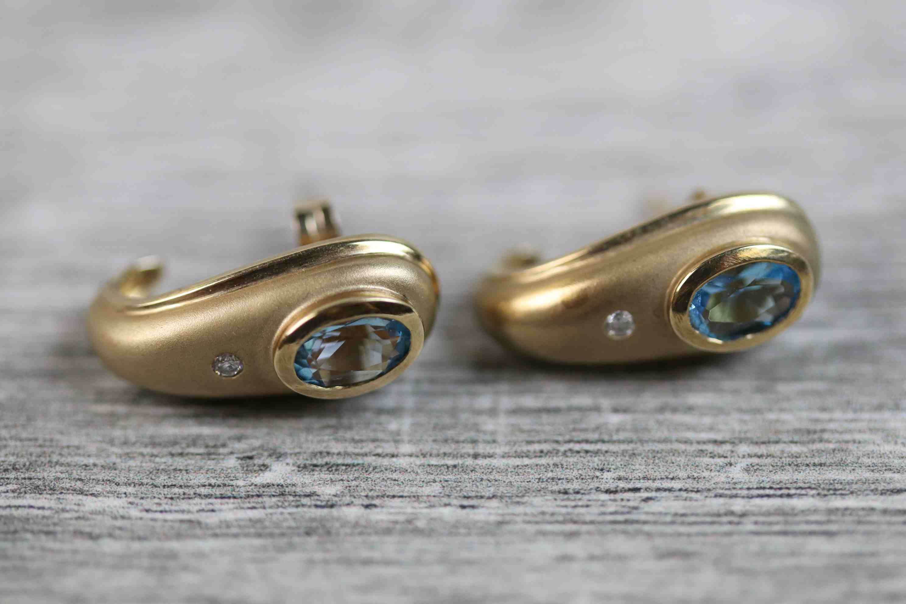 Pair of blue topaz and diamond 9ct yellow gold earrings of tapered teardrop shaped form, the oval - Image 5 of 7