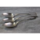 Pair of George III silver table spoons, fiddle pattern, initialled terminals, makers William Welch